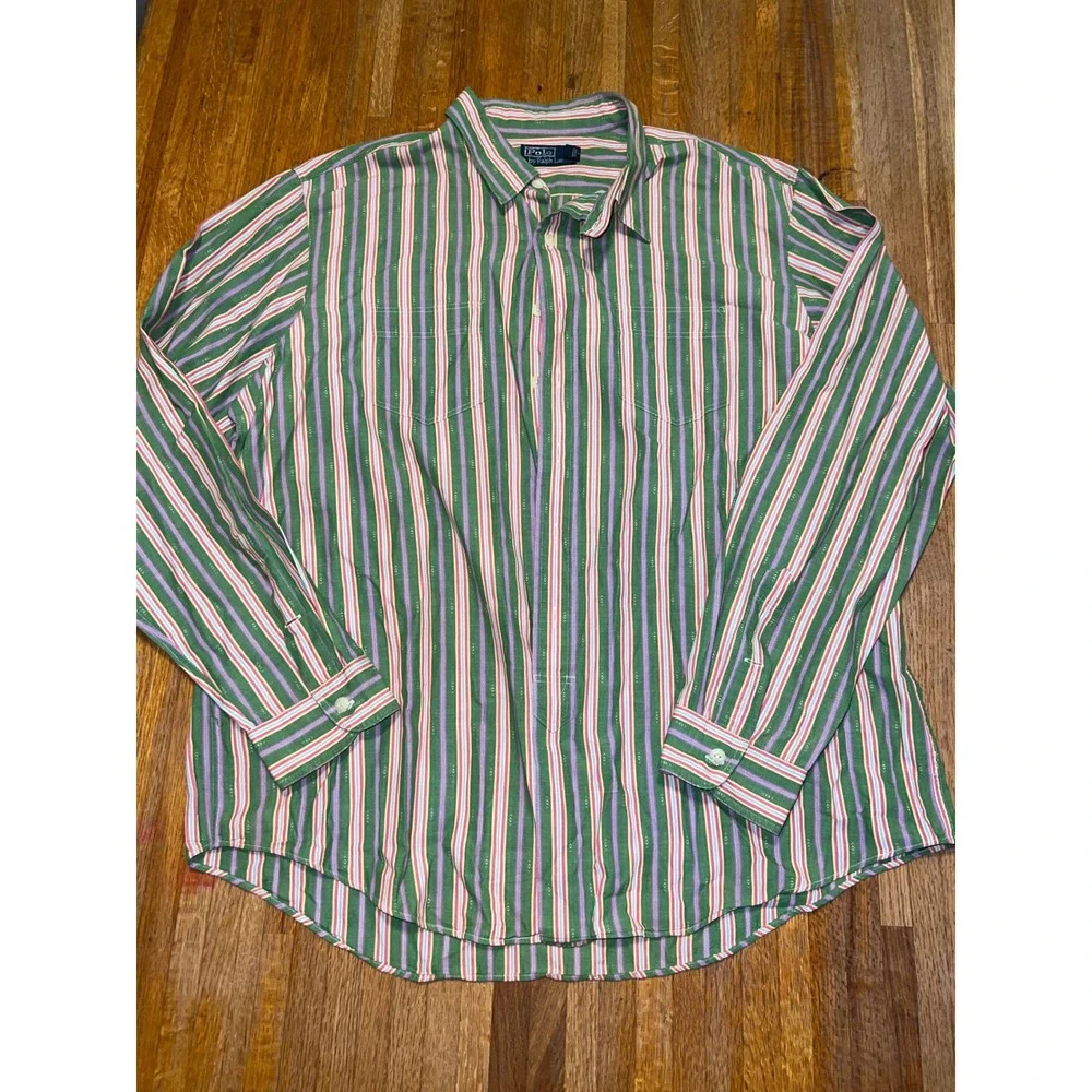 Polo Ralph Lauren XXL Green Multi Color Striped Long Sleeve Pocket Button Down‎